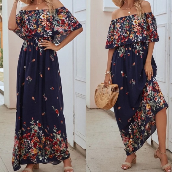 Boho floral print off shoulder maxi dress - Picture 3 of 3